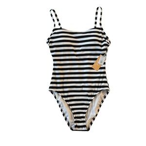 NWT Kona Sol Women's Size S One Piece Swimsuit Black White Stripe Removable Cups